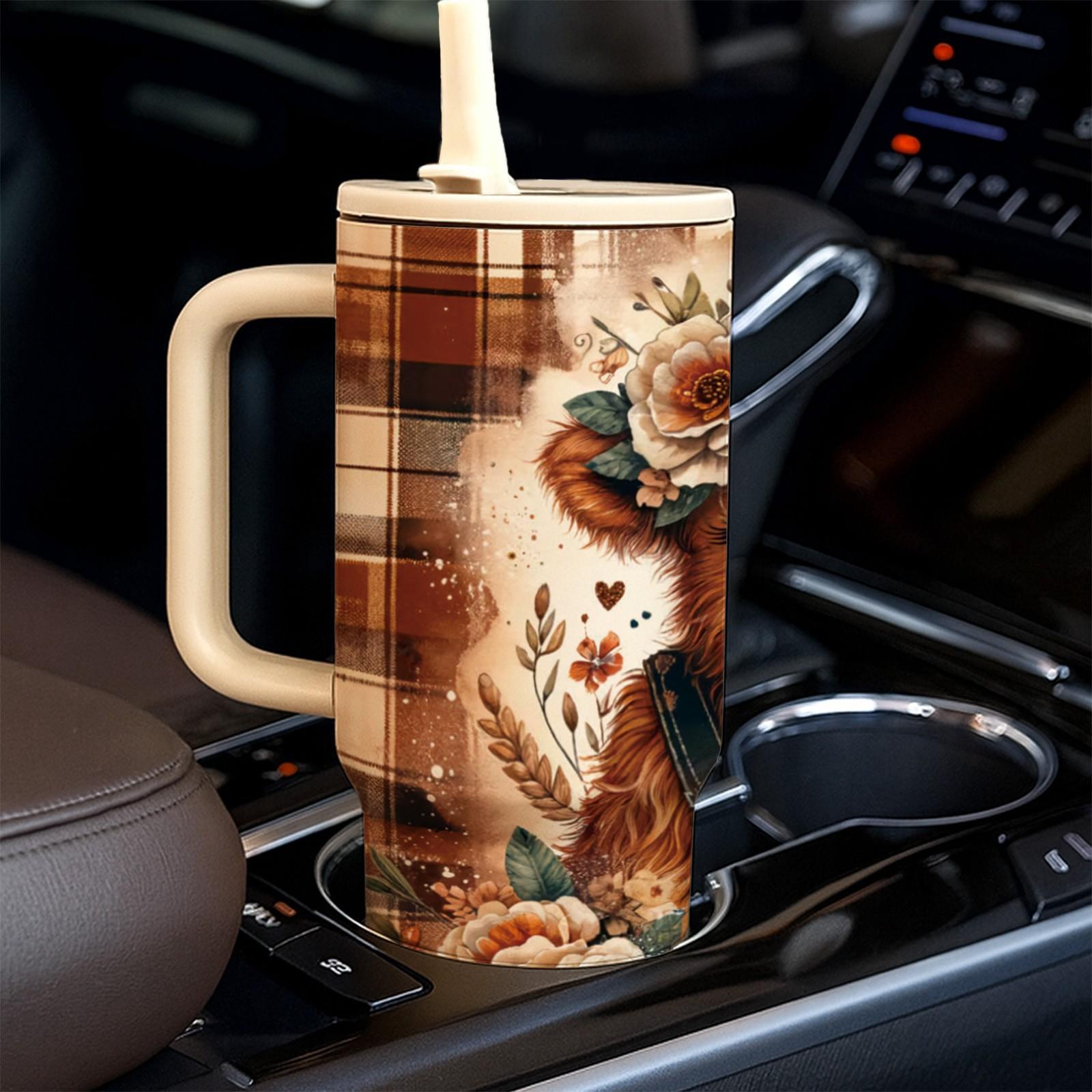1 Pc Highland Cow Insulated Mug, 40oz Thermal Mug, Tumbler with Handle, Double Wall Vacuum Cup, Leak Proof Lid, Keeps Hot 12 Hours Cold 24 Hours, Cute Farm Cow Design, Coffee Tea Hot Cold Drinks, Gift for Women Men, Holiday Birthday Farm Lover Gift