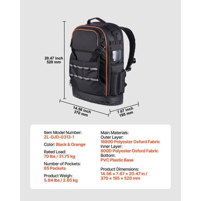 Heavy-Duty Tool Backpack with 65 Pockets: Storage Organizer Work Bag Featuring Laptop Compartment, Molded Base - Ideal for Electricians, Repairmen & HVAC Technicians