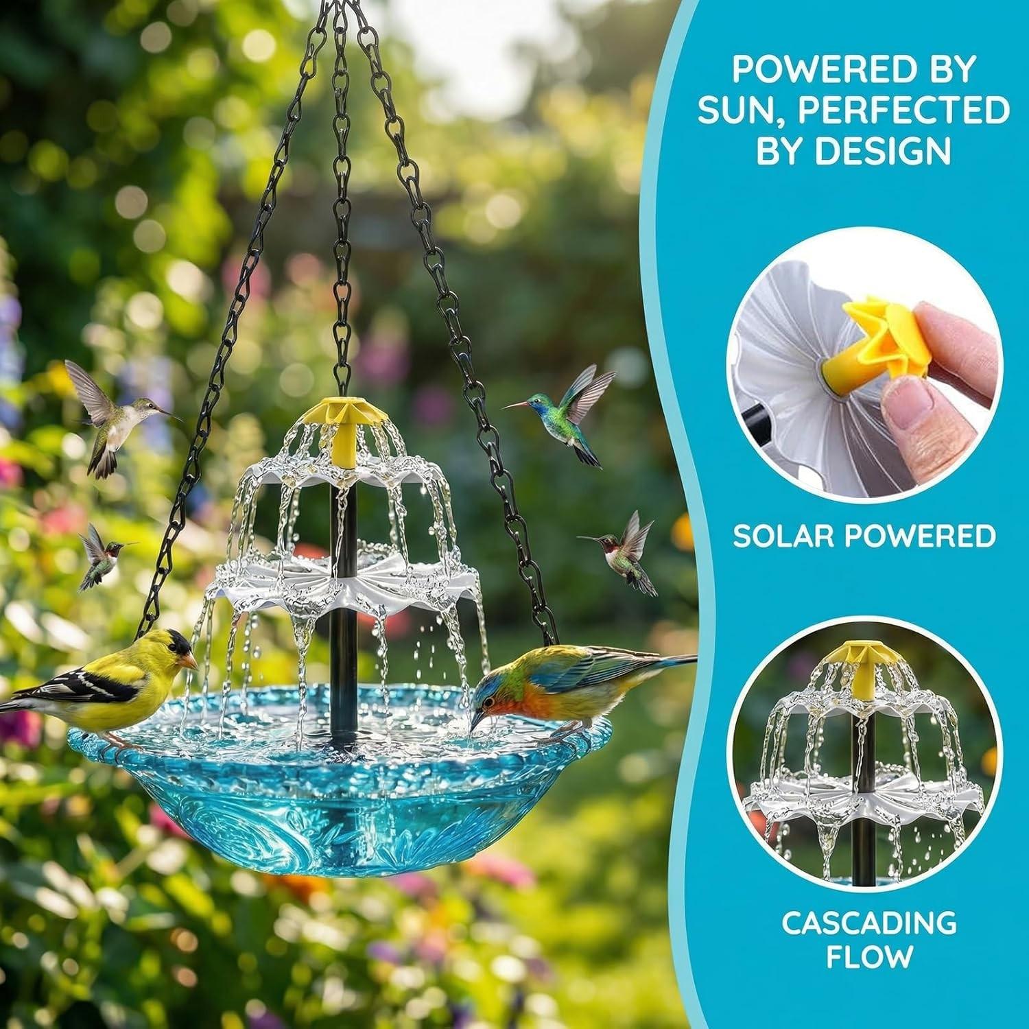 Solar Waterfall Hanging Bird Bath Fountain, Waterfall Feature, Outdoor Solar Pump & Glass Bowl, Solar Powered, Large Hummingbird Bath, Hummingbird Attractor, Garden Decor, Outdoor Decoration, 2026 New Model