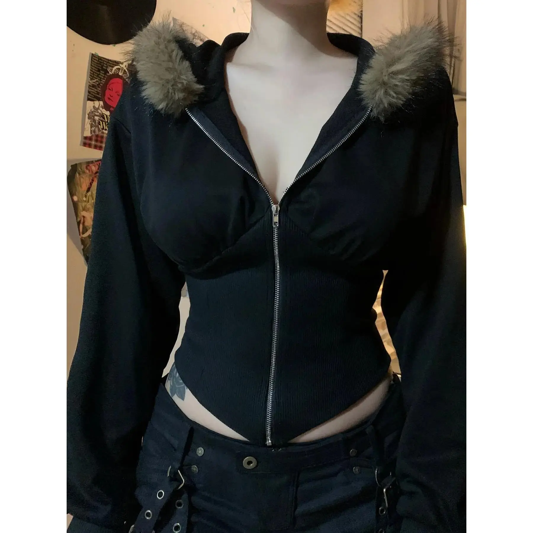 Women's Contrast Faux Fur Zip Up Hooded Jacket, Coats, Casual Drop Shoulder Long Sleeve Fitted Outerwear for Fall & Winter, Ladies Clothes for Daily Wear, Womenswear