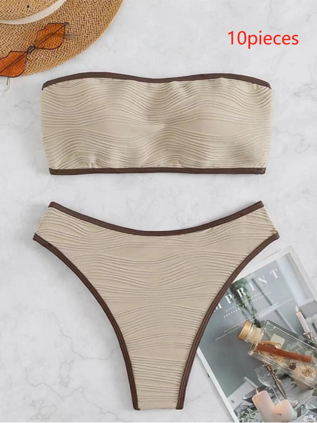 Two-Piece Set Women's Summer Textured Contrast Binding Bikinis Sets, Casual Sleeveless Padded Bandeau Swim Top & High Cut Swim Bottom Swimsuit for Women, Bathing Suits Women Two-Piece Set Women's Summer Textured Contrast Binding Bikinis Sets, Casual Sleeveless Padded Bandeau Swim Top & High Cut Swim Bottom Swimsuit for Women, Bathing Suits Women