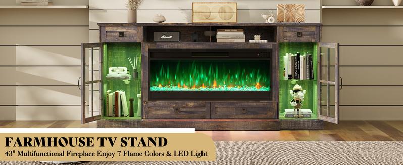 VanAcc Farmhouse Fireplace TV Stand for TVs up to 80", 70 Inch Large TV Stand with Lighting Glass Door Cabinets/Drawers/Adjustable Shelves, Entertainment Center with 43" Electric Fireplace VanAcc Farmhouse Fireplace TV Stand for TVs up to 80", 70 Inch Large TV Stand with Lighting Glass Door Cabinets/Drawers/Adjustable Shelves, Entertainment Center with 43" Electric Fireplace
