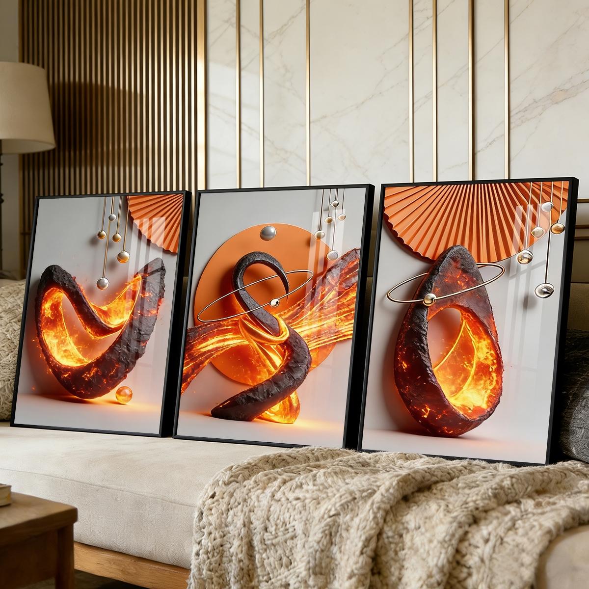 3 Counts Aluminum Alloy Framed Painting, Abstract Lava Flame Sculpture Pictures, Home Decoration For Living Room, Bedroom, Office, Restaurant, Hallway Wall Decor, Odorless Print Artwork, Luxury Perfect Gift For Friends And Family