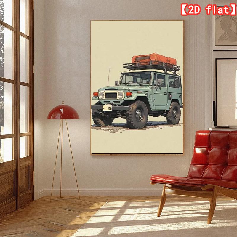 2D flat large best-selling decorative painting, off-road vehicle with luggage, ready for adventure. Canvas painting without frame, suitable for living room, office, indoor background decoration