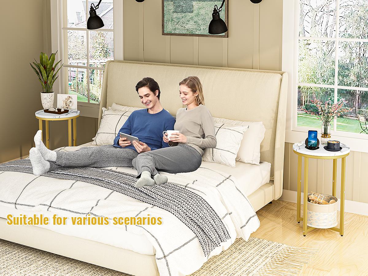 AWQM White, Black & Gold 3-Tier End Table, Faux Marble Round Side Table with Metal Frame, Nightstand for Bedroom & Small Spaces