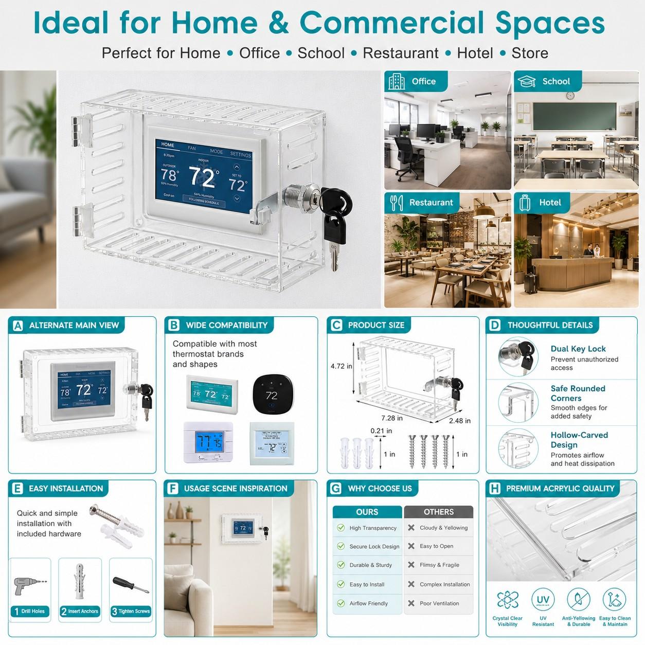 Clear Thermostat Lock Box, Wall Mounted Acrylic Thermostat Cover with Key Lock, Dustproof Vented Anti-Tamper Thermostat Guard, Large Protective Locking Case Fits 4.8"H x 6"W or Smaller for Home Office School Restaurant Hotel Store Install