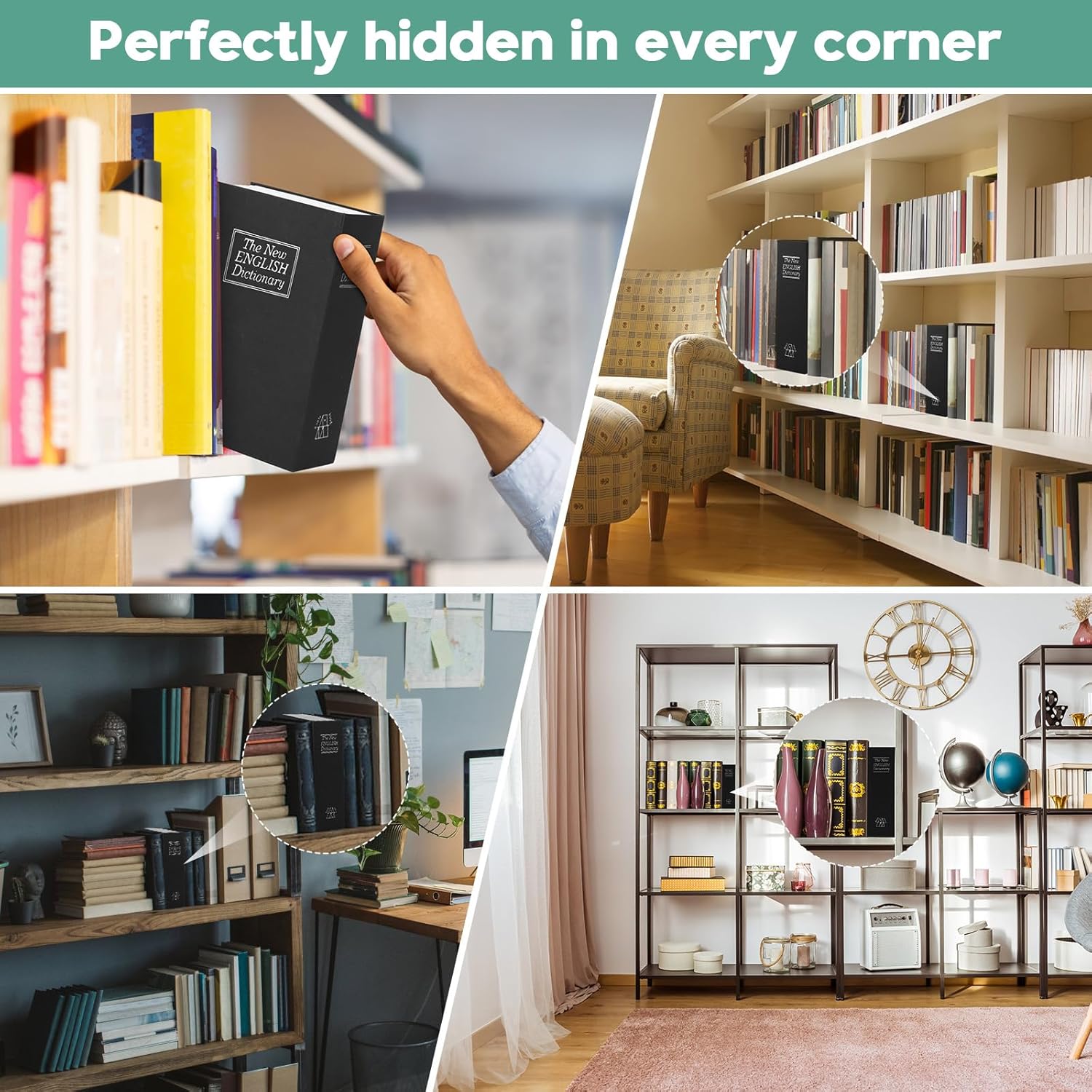 Simulated Book Storage Box with Combination/Key Lock, Black Portable Metal Secret Storage Box, Hidden Container for Cash and Jewelry with Two Keys, Suitable for Home o Office Use.