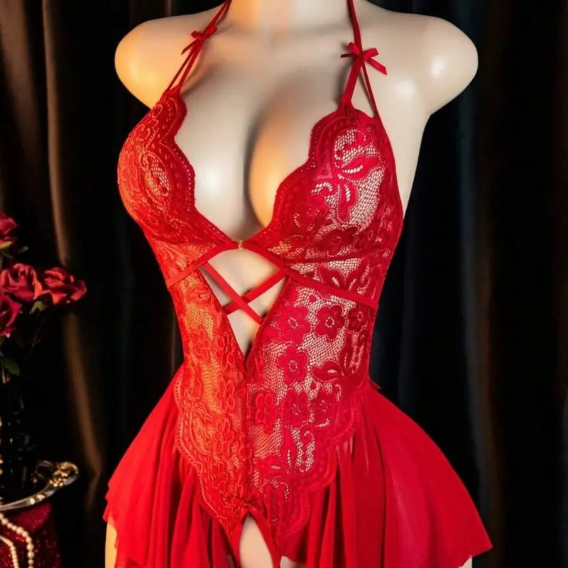 Women's Sexy One-Piece Floral Lace Bow Tie, Fitted All-Season Fashion, Perfect for Casual Wear & Stylish Occasions