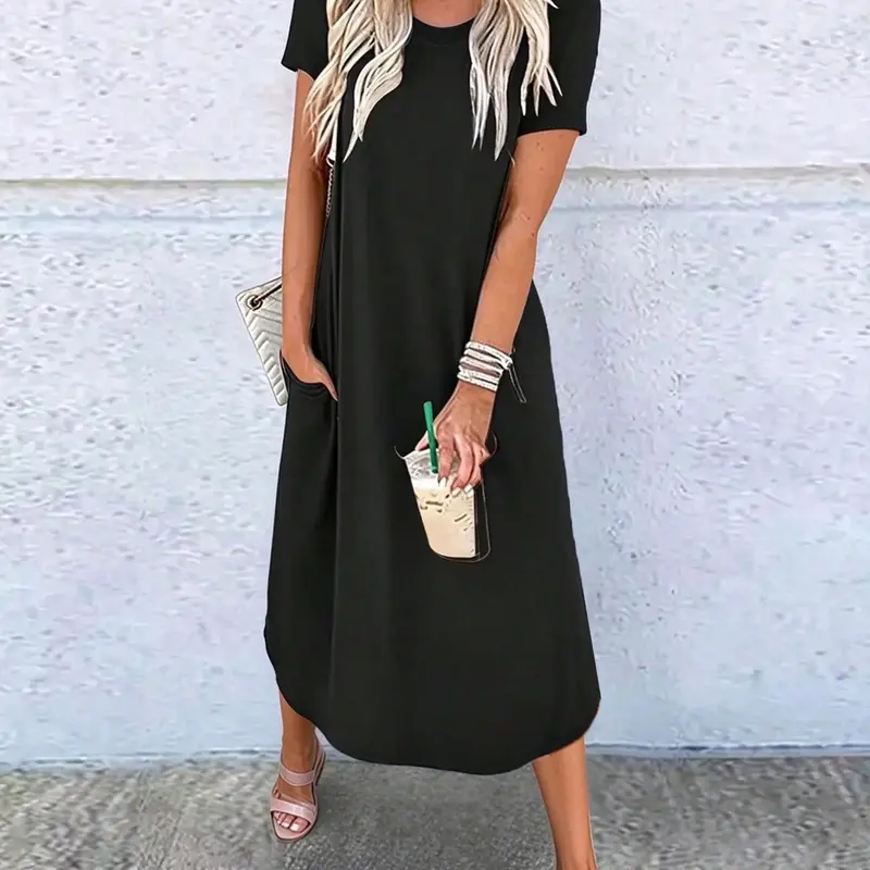 Women's Plain Pocket Round Neck Curved Hem Jersey Tee Dress Style, Casual Soft Breathable Short Sleeve Fit Long Dress for Summer, Ladies Clothes Womenswear for Daily Wear, Casual Everyday Wear