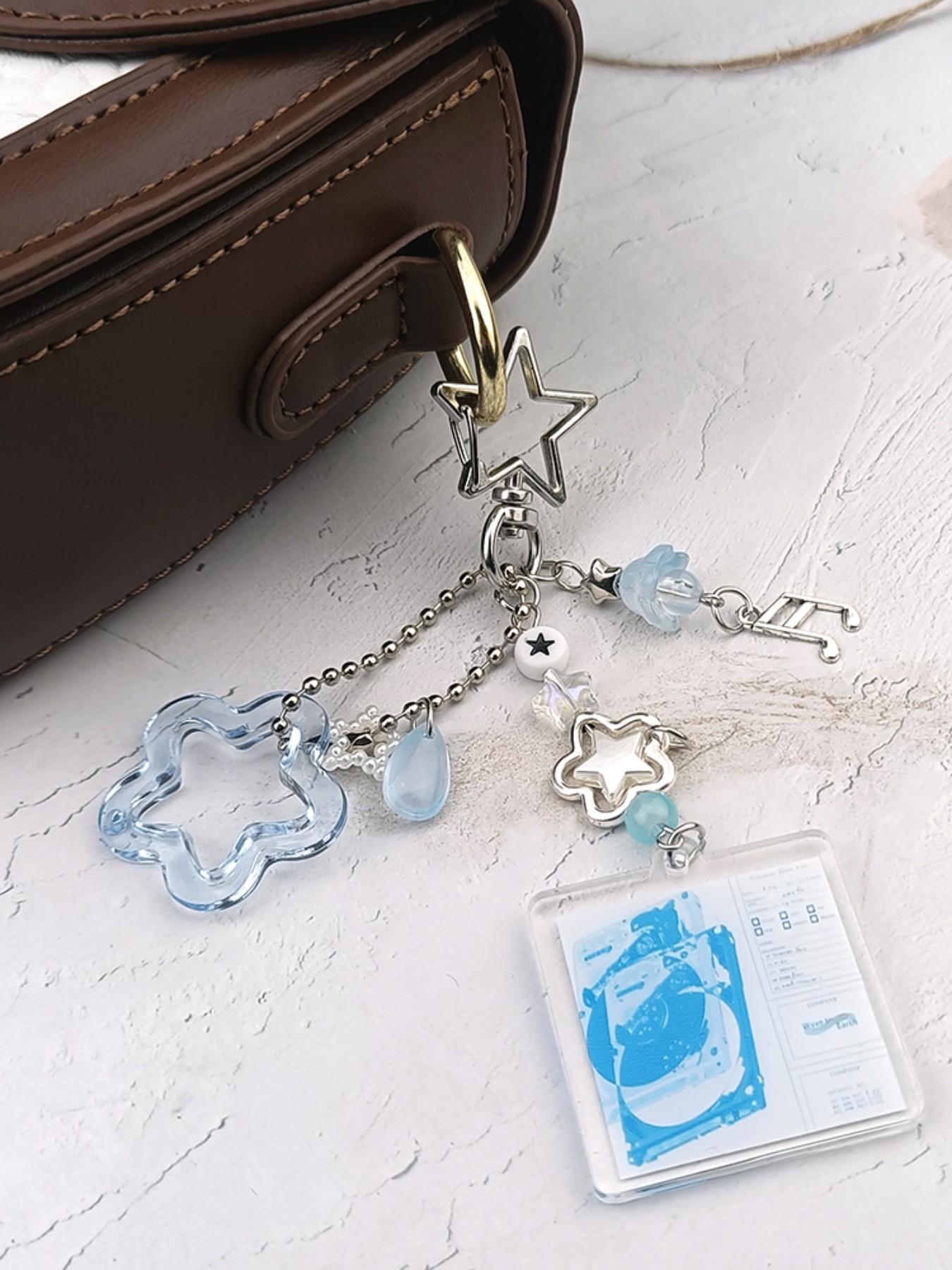 Multielement Star Keychain, Sweet Cool Y2K Style, Blue Dual Color Options, Transparent Star + Note Pendant + Album Card Holder, Unique Design