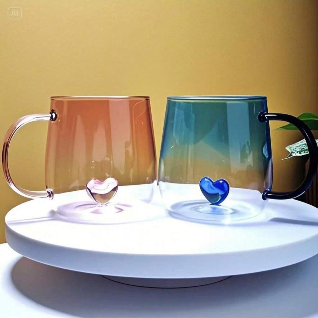 2 Pack gradient high Borosilicate Glass Cups, Transparent Coffee Cups, Coffee Mugs, Modern Glass Mug, Reusable Water Cups, 3D Heart Hand-Holding Cups, Aesthetic Tea Cups, for Coffee, Juice, Milk, Water, Mother's Day Gift