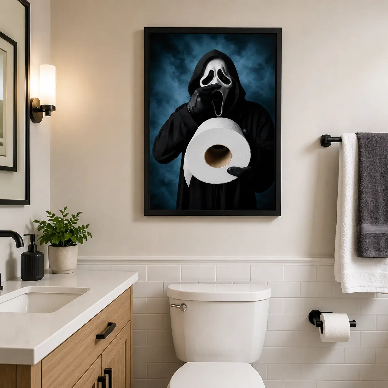 Funny Scream Ghostface Bathroom Canvas Wall Art Poster - Horror Movie-Inspired Black Aluminum Framed Print, Spooky Home Decor for Bathroom, Bedroom, Gift for Horror Fans