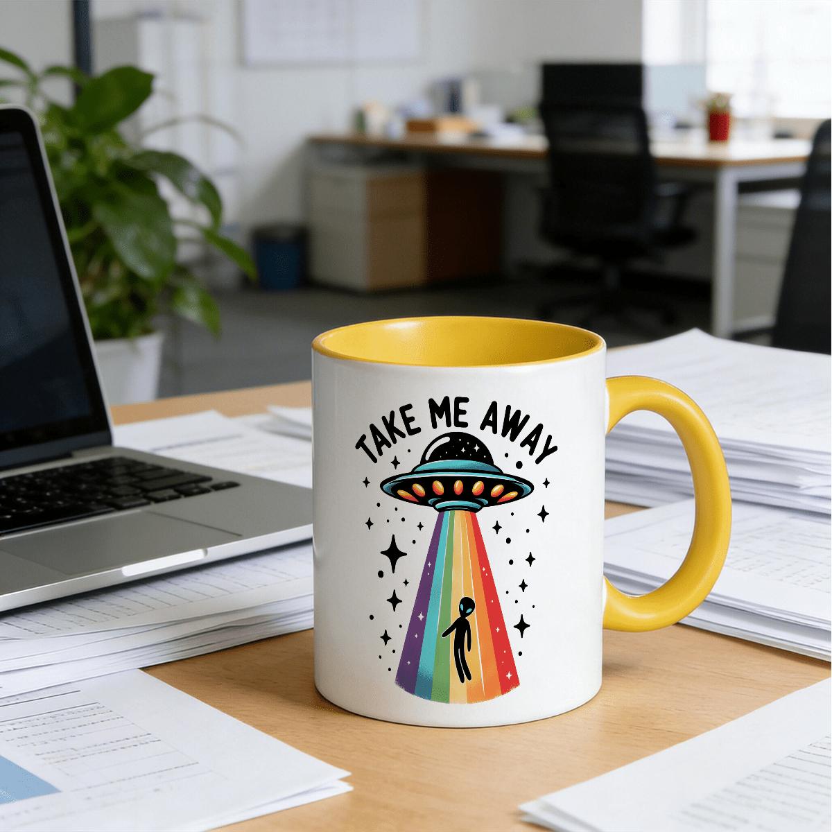 11oz Ceramic Alien Theme Single Mug - Modern Take Me Away Spaceship Design, Rainbow Accent, Smooth Finish Kitchenware Drinkware, Unisex Birthday Gift Drink