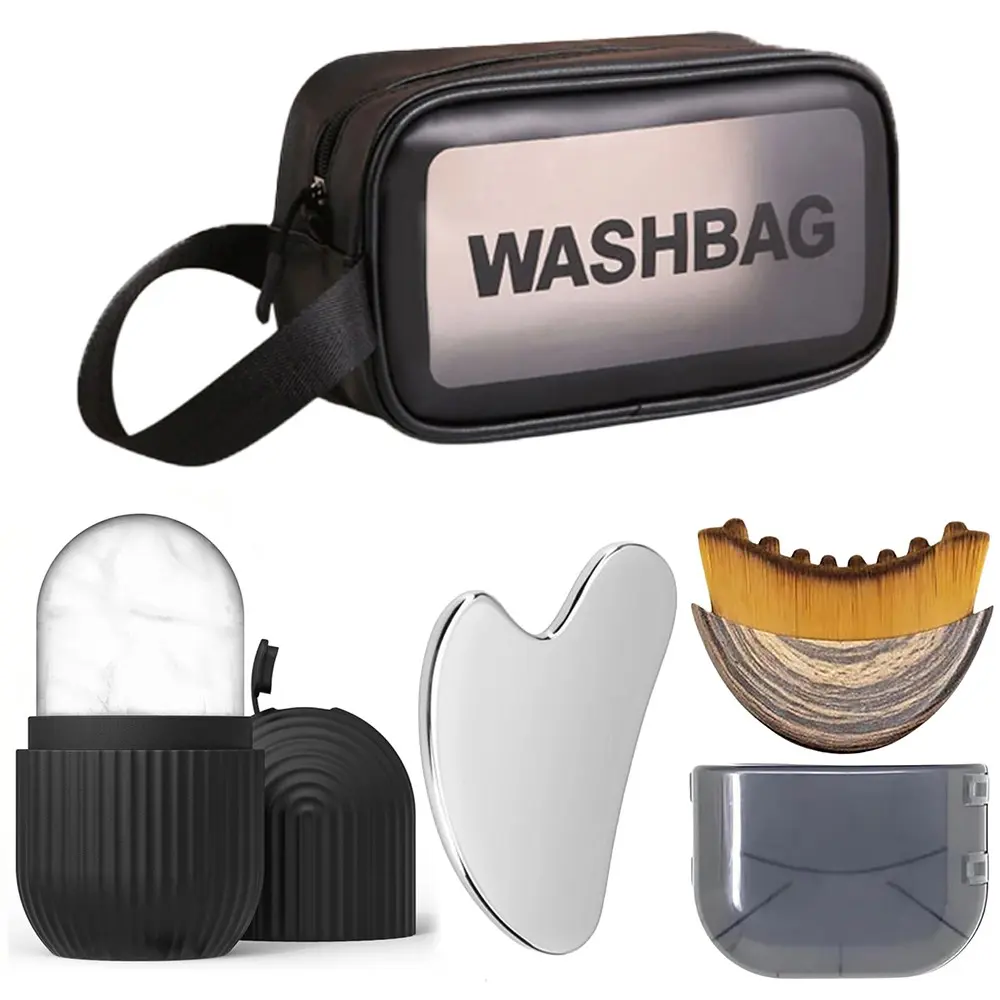 4-In-1 Beauty Set, Silicone Ice Roller, Facial Massage Brush, Stainless Steel Exfoliating Scrubber, Includes Storage Bag, Facial Tool Set