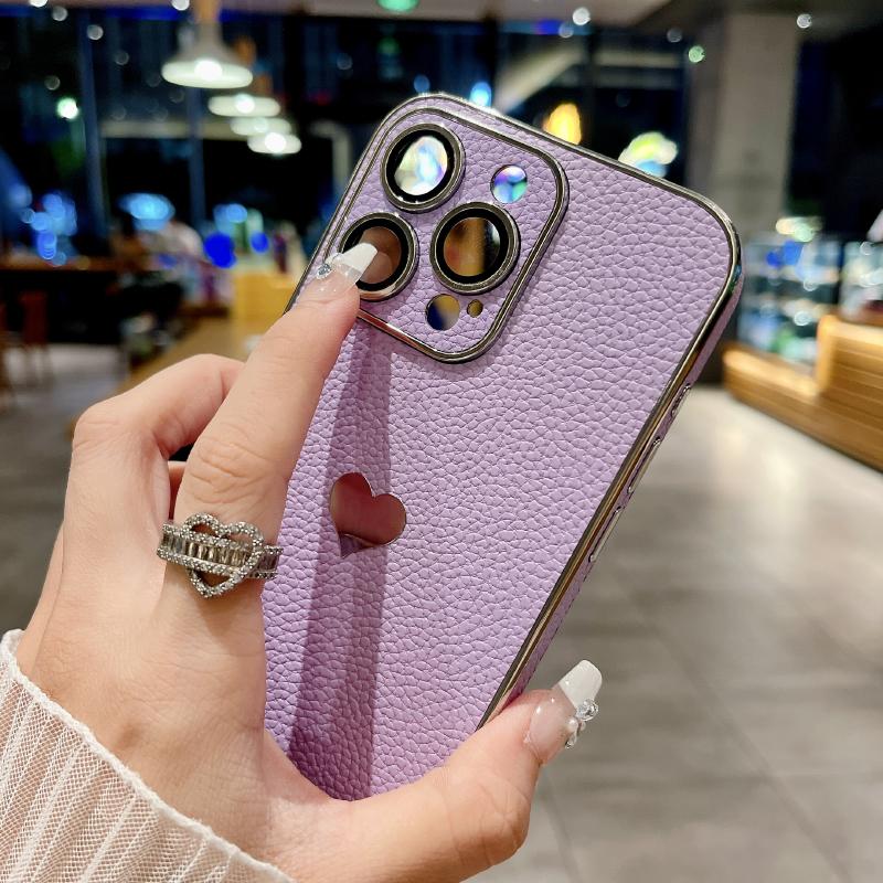 Luxury Solid Color Leather Plating Border Love Logo Phone Case For iPhone 16 Pro Max 14 11 12 13 15 Pro Max Bumper Back Cover