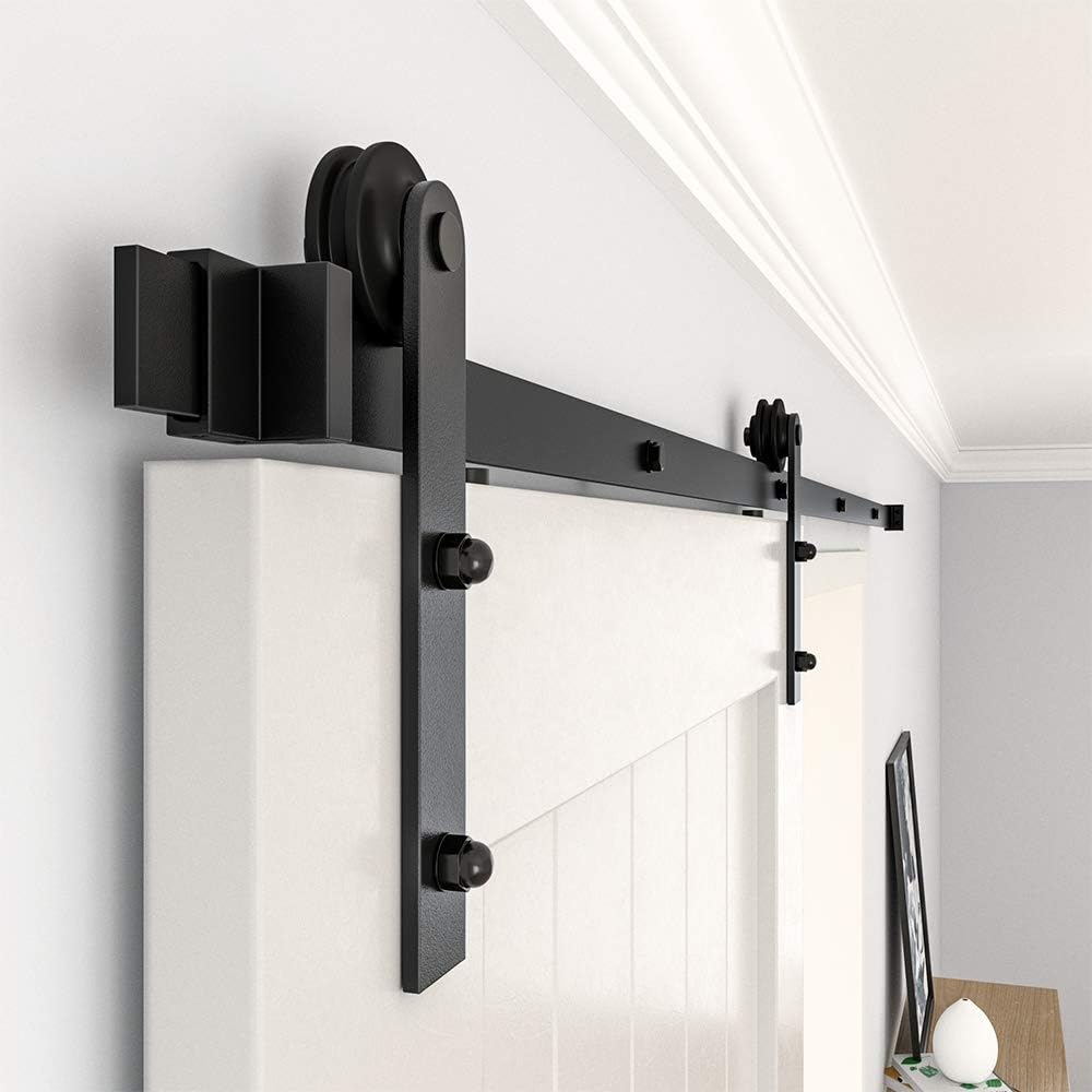Modern 6.6FT Aluminium Alloy Sliding Barn Door Hardware Kit for Single Door - I-Shape Hangers, Black Rail, Silent Glide, Easy Installation, Indoor Use, Tracks, Floor Guide & DIY Necessary Hardware, Sliding Kit