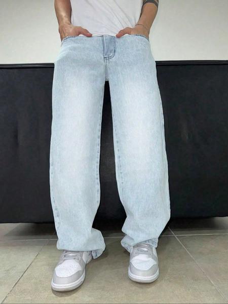 Men's Loose-Fit Straight Leg Denim Jeans, Street Style Fashion Pants, All-Season Comfortable Casual Wear, Trendy Plain Design, Jean Pants Bottoms