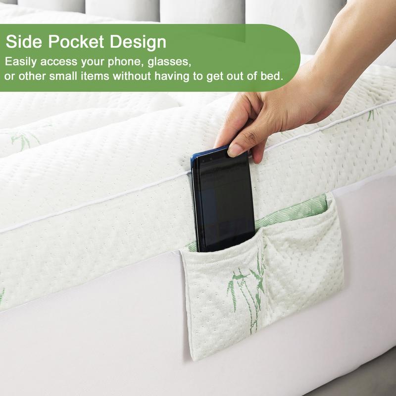 OBOEY Bamboo Mattress Topper, Waterproof Mattress Protector, 1000 GSM Quilted Fitted Mattress Pad with 1 Pillow Protector & Sleep Mask, Side Pocket, Breathable Fluffy Soft Mattress Topper with 8"-21" Deep Pocket