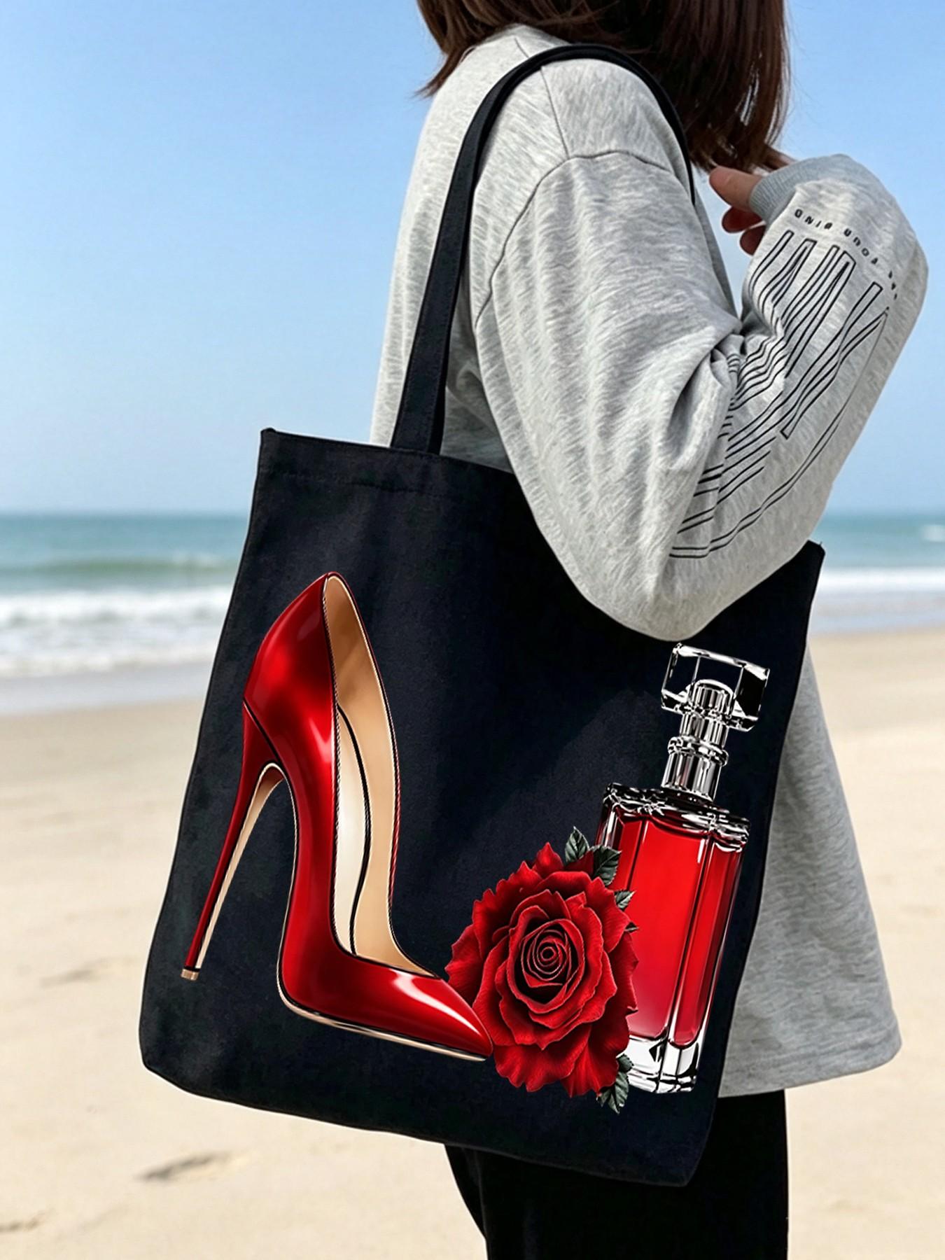 Fashion Aesthetic Canvas Tote Bag Set for Women, Heels Rose Perfume Print, Large Capacity Shoulder Bag & Cosmetic Pouch, Reusable Handbag