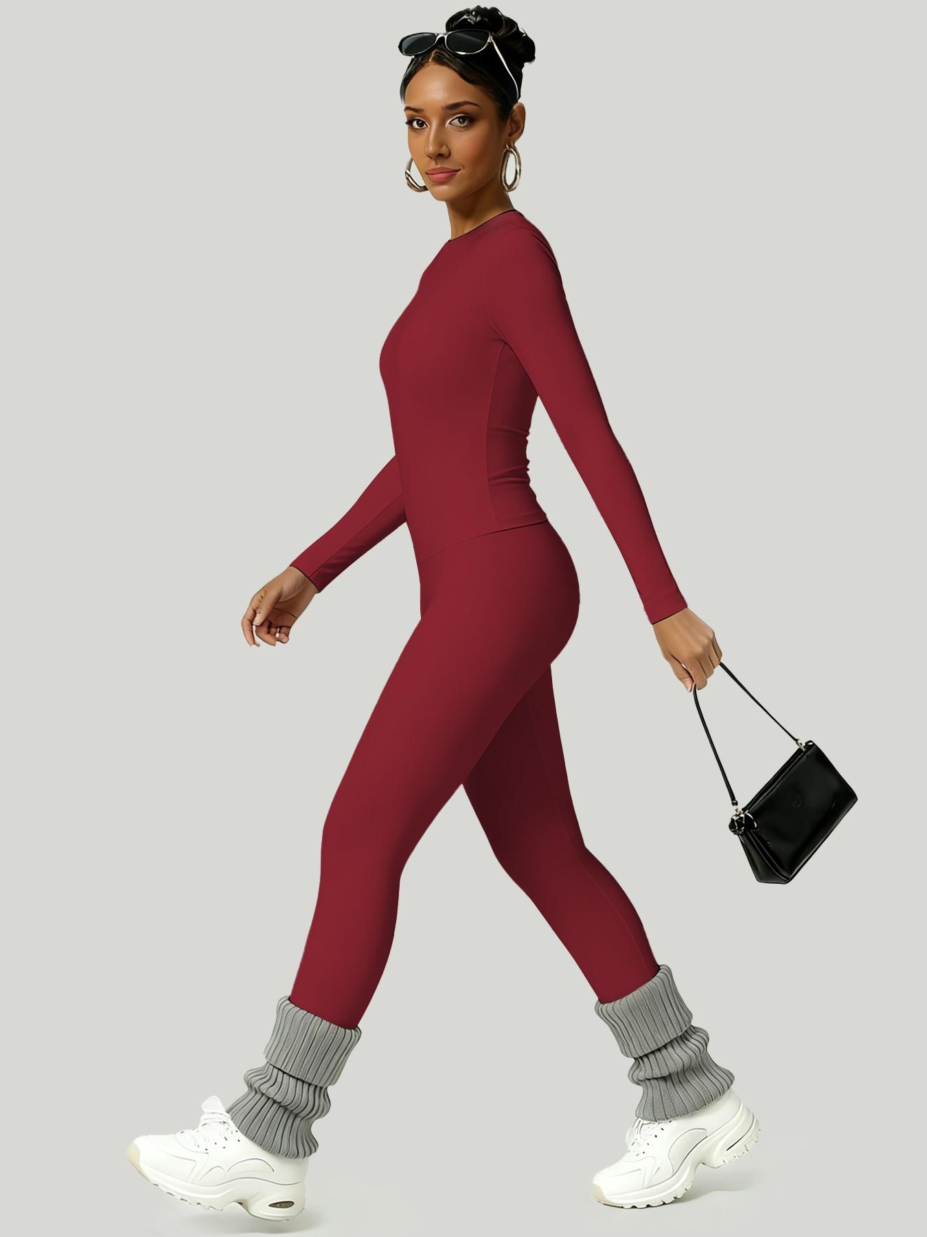 Women's Simple Solid Color Sportswear Set, Comfortable T-Shirt & Slimming High-Waisted Pants, Ideal for Fall & Winter Yoga Sports, Yoga Tracksuit Set