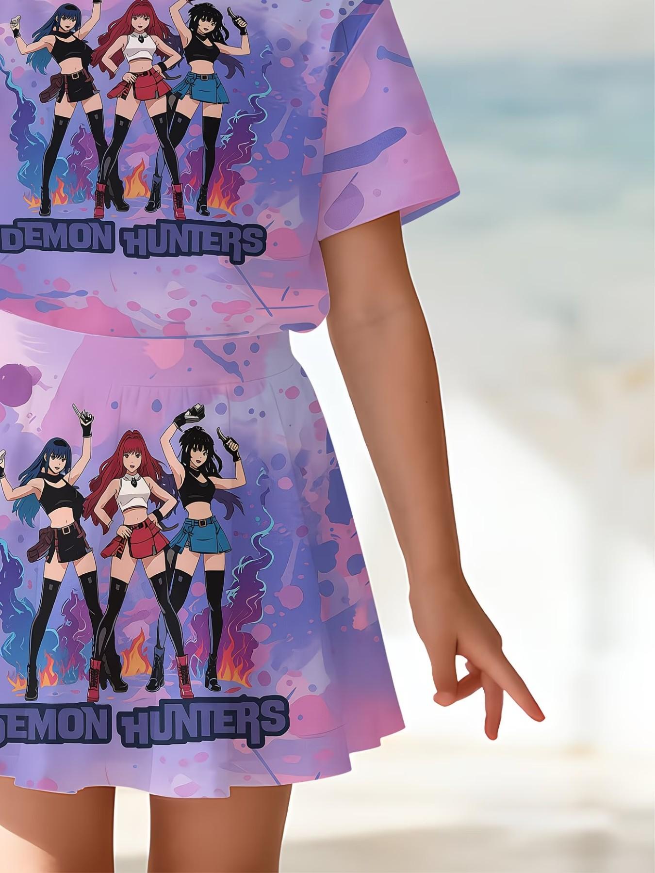 Girls' 3D Cartoon Print Top and Skirt Set, Casual Slim-Fit Summer, Round Neck Short Sleeve, Daily Wear for Kids