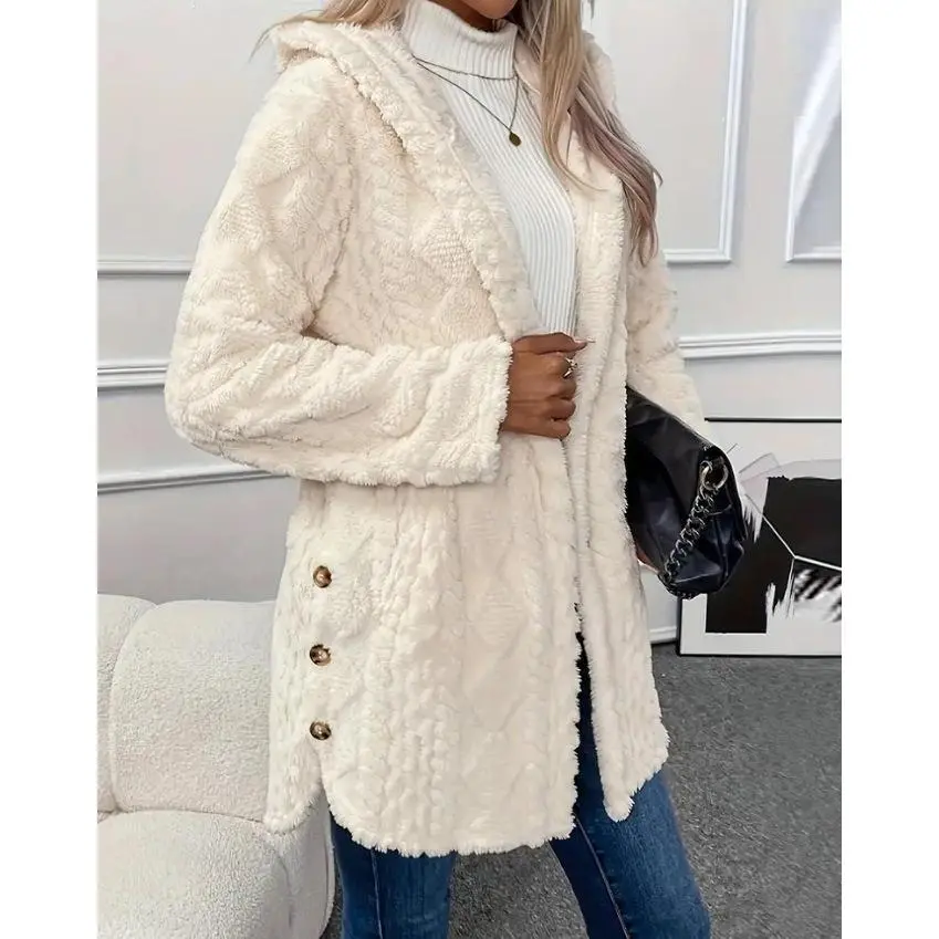 VVZ 2026 Women's Fall Winter Fuzzy Hooded Button Cardigan Oversized Long Sleeve Coat, Warm Fashion Casual Outerwear for Daily Wear & School Activities