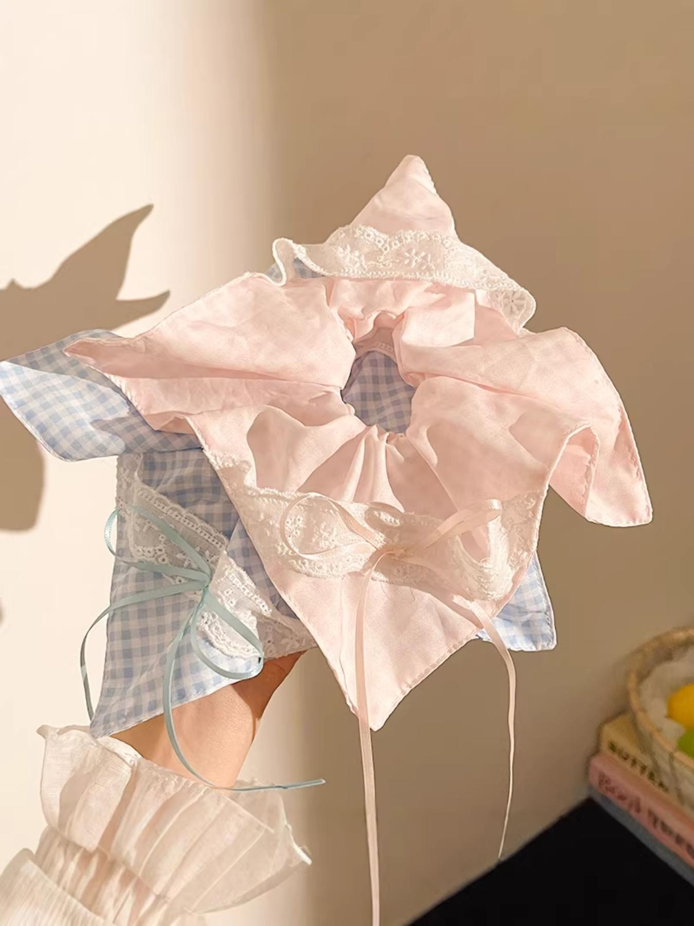 Fresh Sweet Lace Bow Plaid Square Scarf Hair Elastic, Girls' Ponytail Headband, Fashionable Versatile Hair Accessory, All Seasons