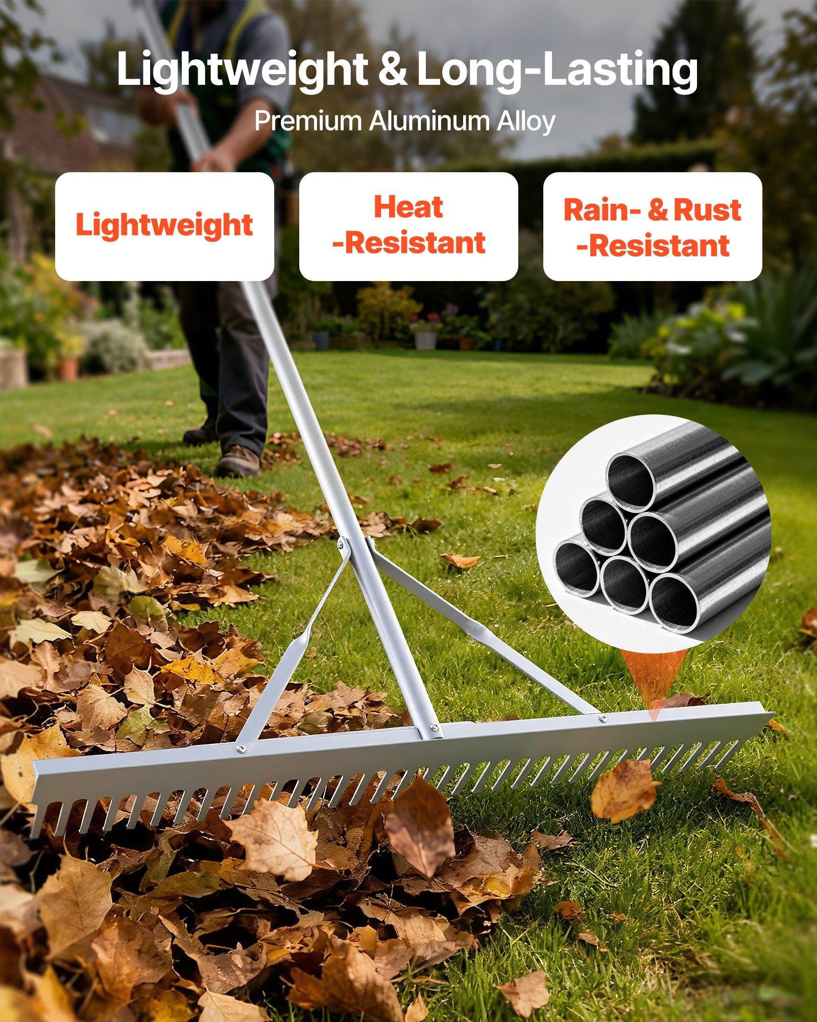 VEVOR Heavy Duty Aluminum Landscape Rake, 36 in Wide Head, 102 in Adjustable Handle Length, 52ft Rope, 5.07 lbs, 102.01x36x4.92 in Size, for Soil Loosening, Beach Care, Pond Maintenance