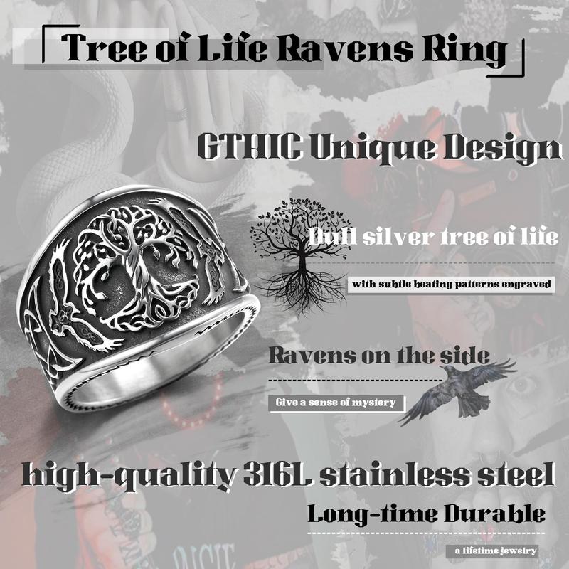 GTHIC Viking Tree of Life Norse Raven Celtic Knot Ring for Men and Women Birthday Gift Stainless Steel