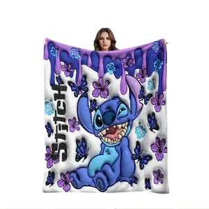 Stitch Butterfly Floral Gradient Blanket, Creative Digital Print Flannel, Holiday Gift Throw, Wall Hanging, Sofa Bed Cover, Outdoor Travel Mat