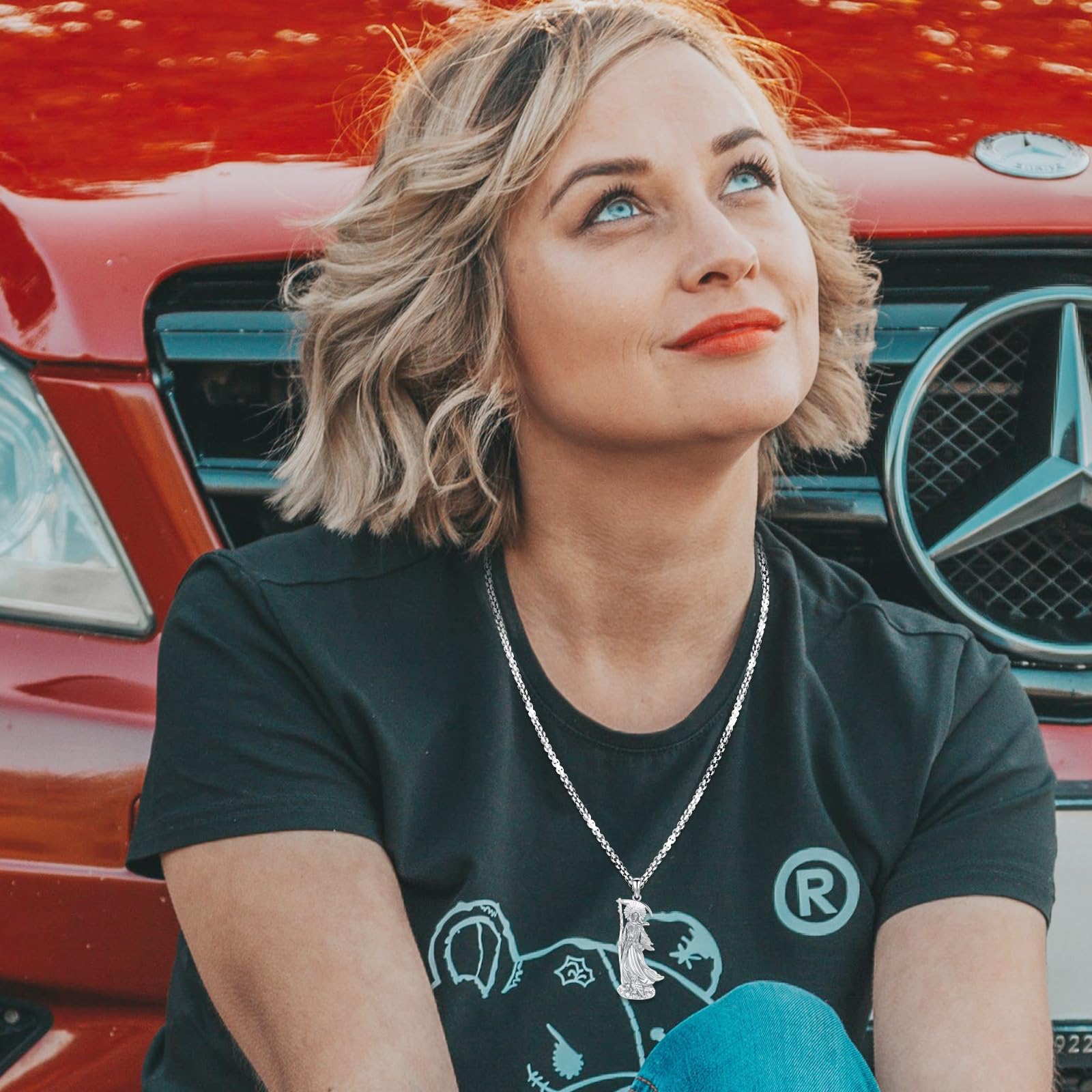 Thanches Santa Muerte Necklace S925 Sterling SIlver Death Holy Amulet Jewelry Gift  Magic Wiccan Pagan Protection for Women Men