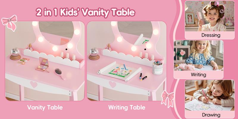 Kids Vanity Set with Lighted Mirror and Stool, Kids Make Up Vanity Desk with Storage Space, Wing Pattern for Little Girls, Toddler Princess Makeup Dressing Table with Chair Set