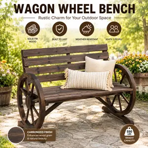 Outsunny 41 inch Wooden Wagon Wheel Bench Rustic Outdoor Patio Furniture 2 Person Slatted Garden Bench Weather Resistant Carbonized Wood Love Seat Outside Seating Porch Decor Country Western Backyard Lawn