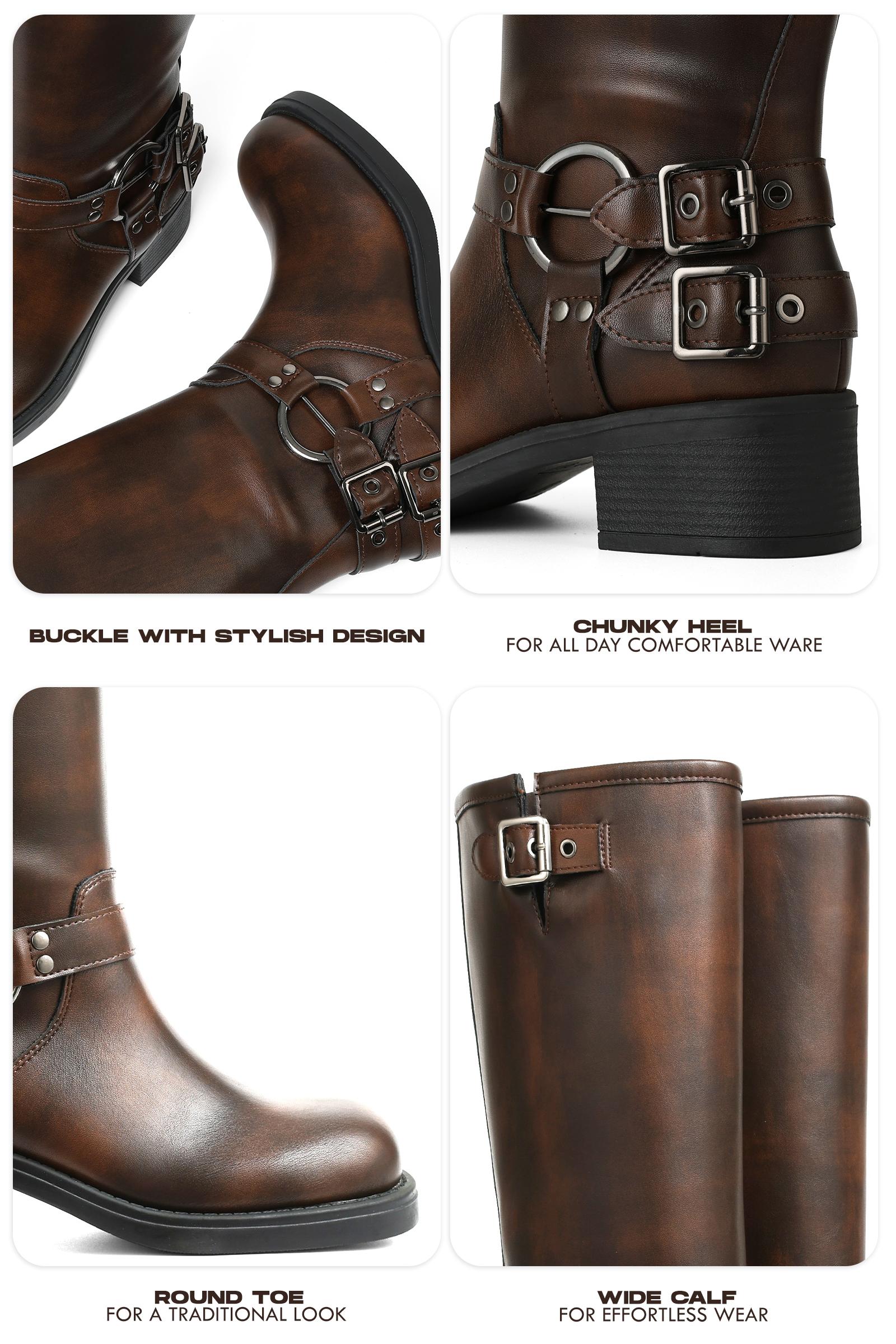 CYNLLIO Motor Cycle Combat Boots Women Round Toe Fashion Metal Buckles Chunky Block Heel Rivets Wide Calf Riding Boot Pull On Casual Vintage Dress Spring Rocky Boots Chunky Heel Vintage Riding Boots