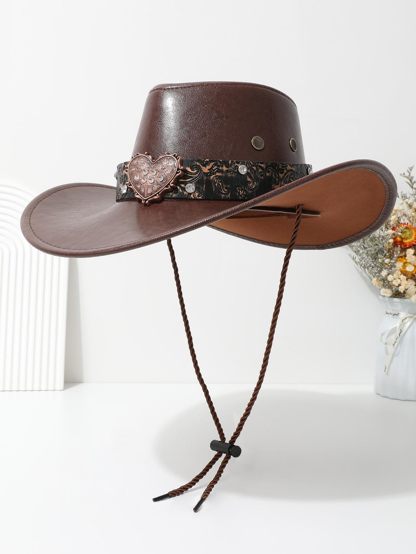 Vintage Heart-Shaped Rhinestone Leather Classic Cowboy Hat, Western Paisley Pattern Sun Hat, Unisex Daily Wear Party Cap