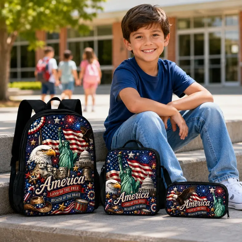 Patriotic America Backpack Set for Boys Girls, 3 Piece School Bag with Lunch Bag and Pencil Case, USA Flag Eagle Bookbag for Back to School