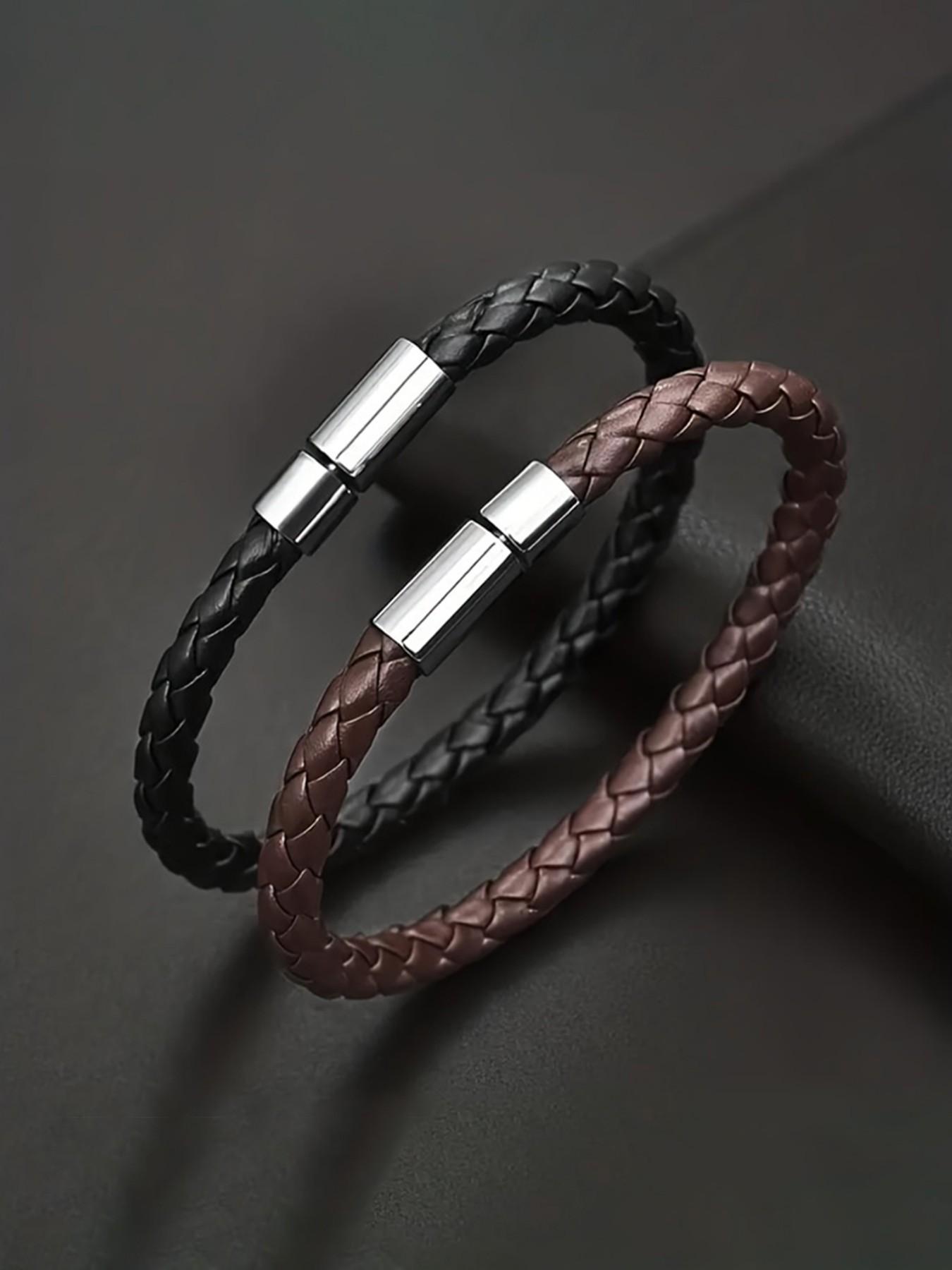 Men's Fine Woven Leather Bracelet, Minimalist Casual Style, Thin Braided Wristband, Fashion Accessory for Daily Wear, Perfect Gift
