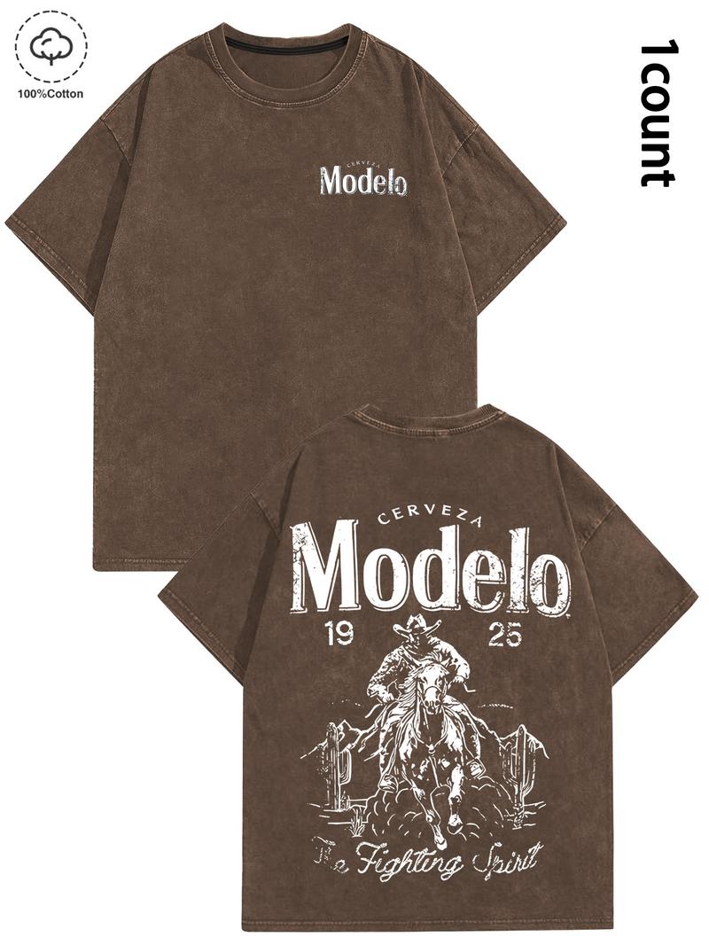 Unisex's 100% Cotton Washed Distressed Modelo Cowboy Tee, Regular Fit Street Fashion Casual Comfy Short Sleeve Crewneck T-shirt for Daily Wear, Western Clothing, All-match Top for Summer, Streetwear