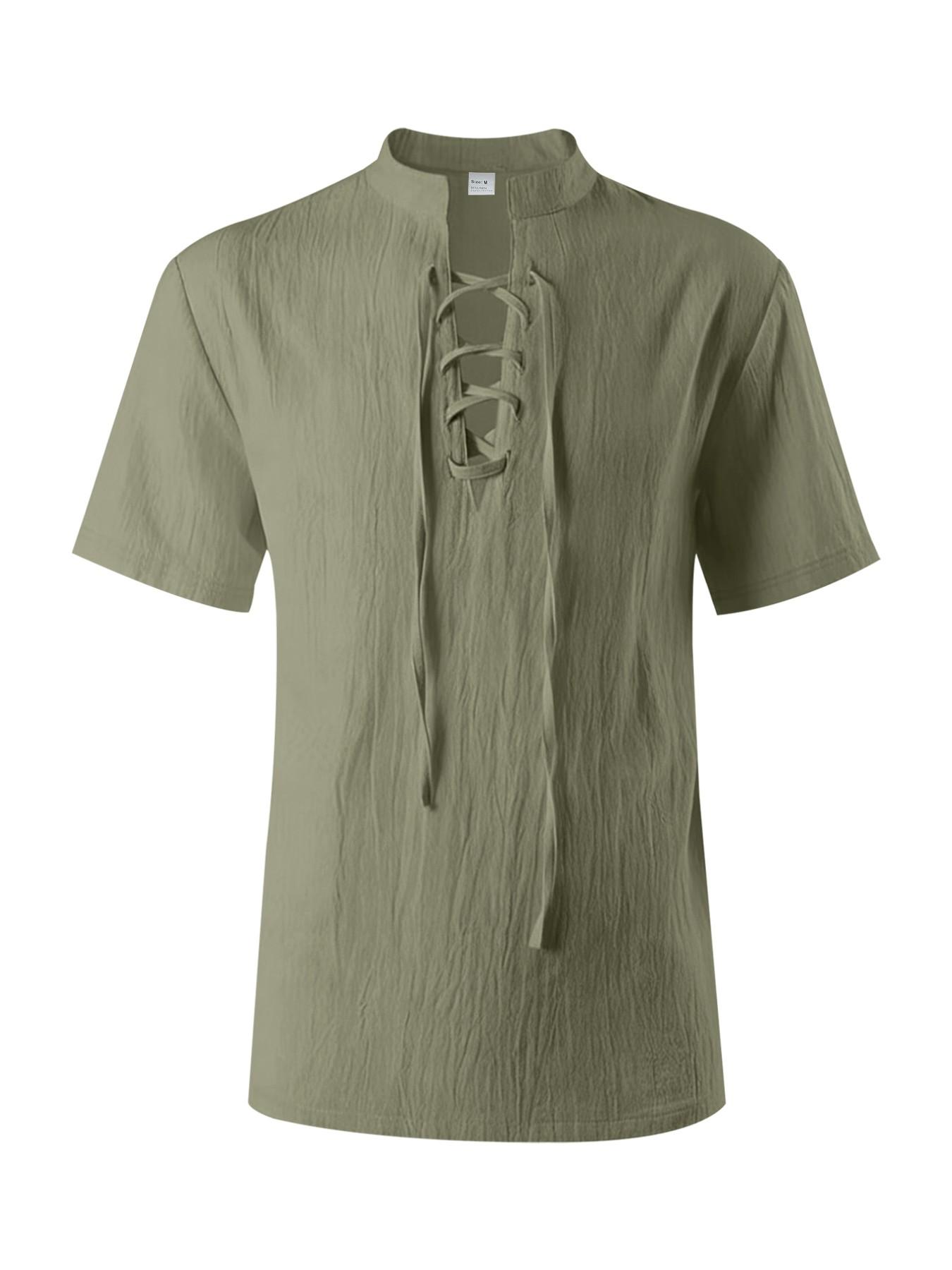 Men's Retro 3-Piece Plain Woven Linen Set, Breathable Stand Collar Top with Knot Design, Machine Washable Business Casual Outfit, Regular Fit