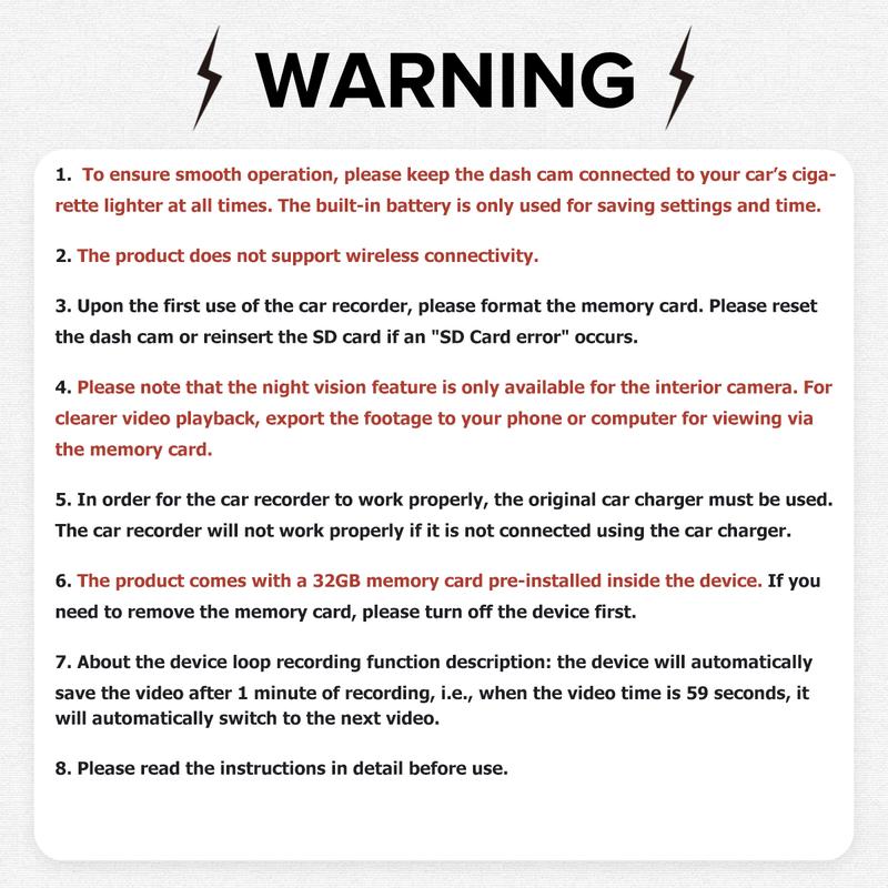 1080P Front & Interior Dual Recording Dash Camera, HD Car Dvr with IR Night Vision, 3.16 Inch IPS Screen, Wide Angle Video Surveillance, Dashcam Camera Dvr