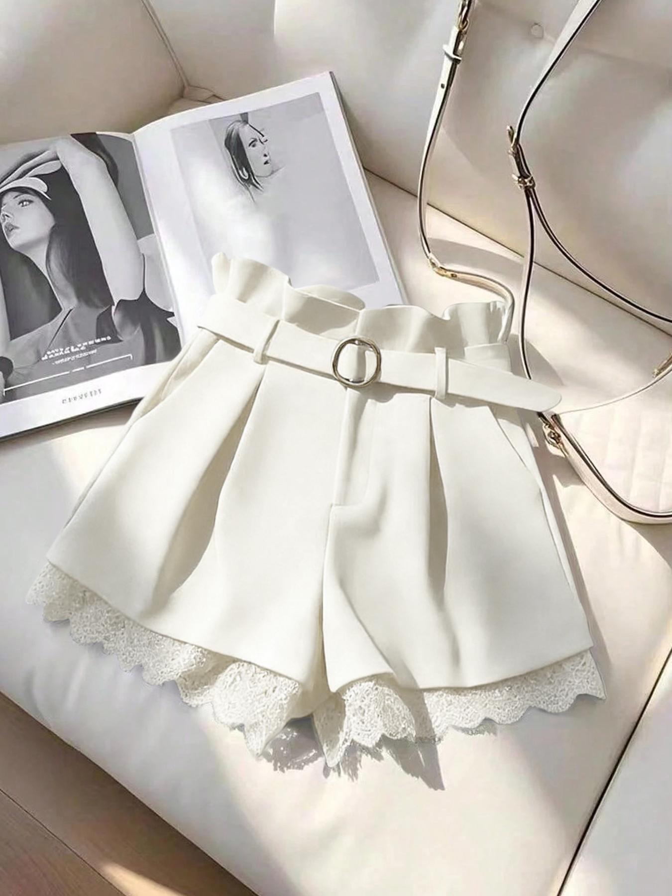 Women's Summer Shorts Elegant Series Fashion Versatile (with Belt), Fitted Design Contrast Lace, Plain Pattern Short Pants