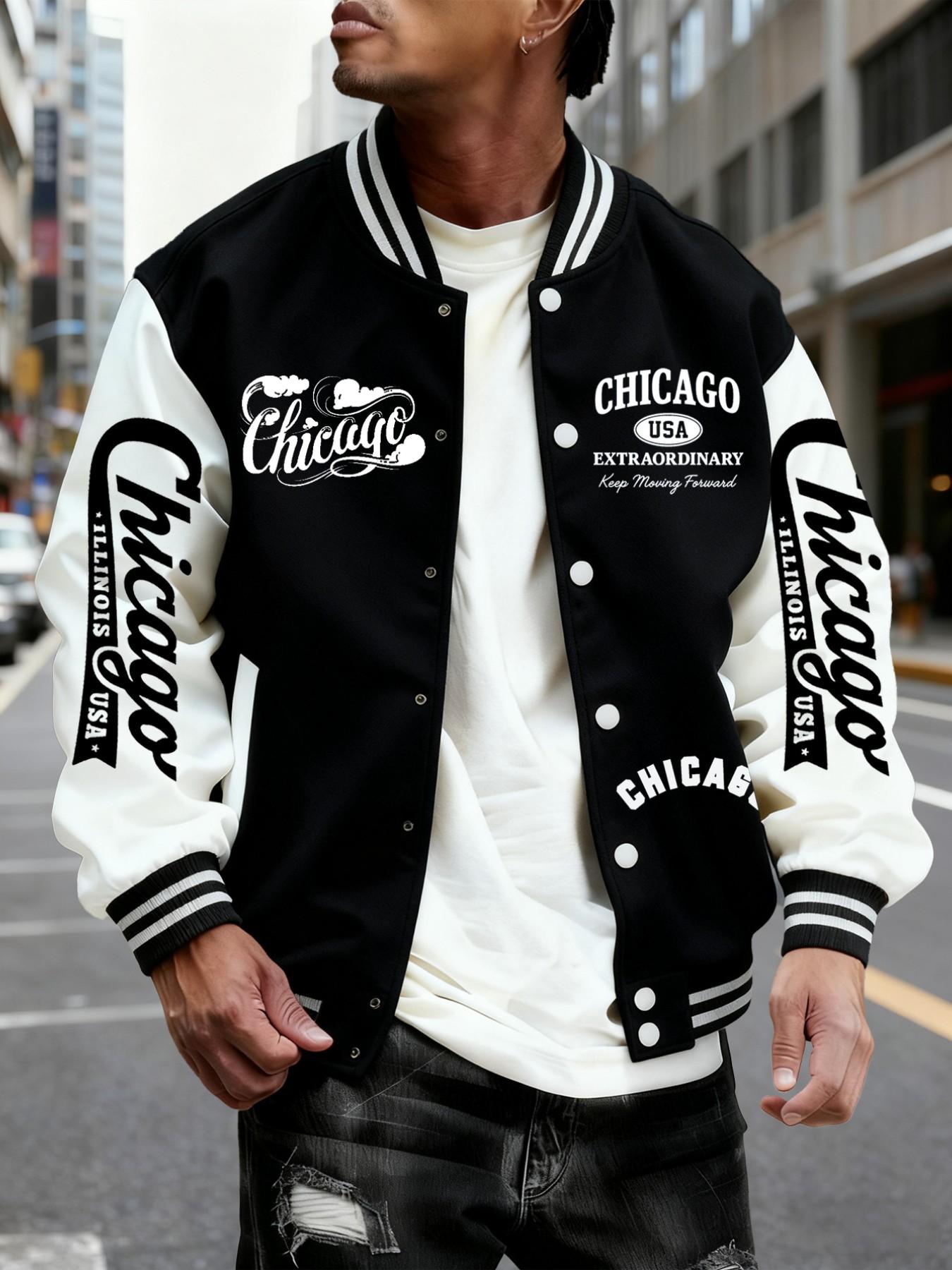 Men's Baseball Jacket, Chicago Style Geometric Pattern, Colorblock Sleeves, Button Closure, Stretchy Fabric, All Season Outerwear