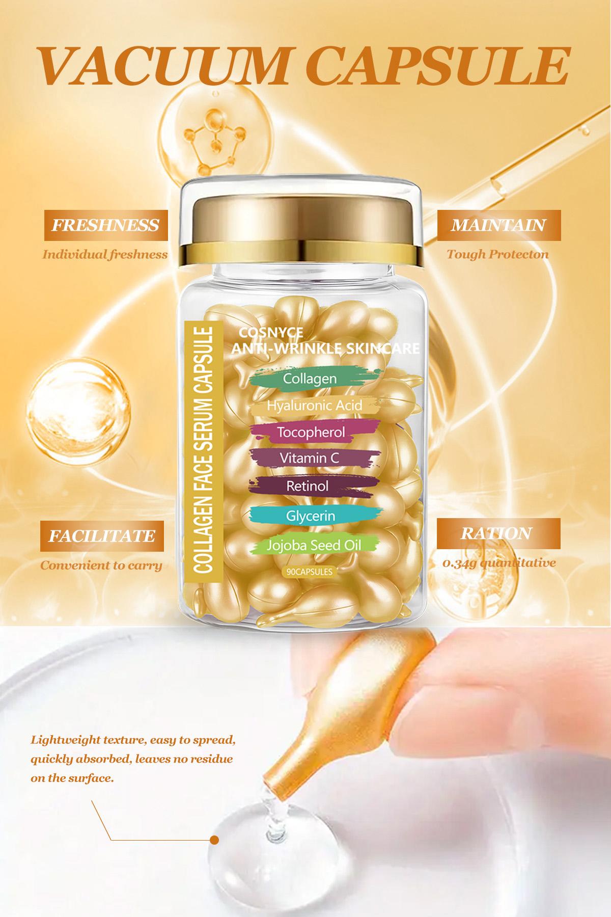 Cosnyce Collagen Face Serum Capsules, Hyaluronic Acid Vitamin C E, Firming Moisturizing Skincare, Youthful Radiant Skin Care