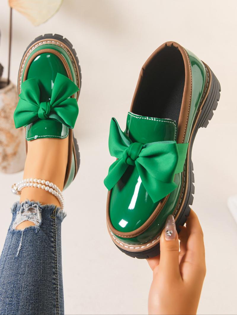 Women's Bowknot Loafers, Spring & Fall Casual PU Leather Shoes, Plain Pattern, Less Than Ankle Height, PVC Sole