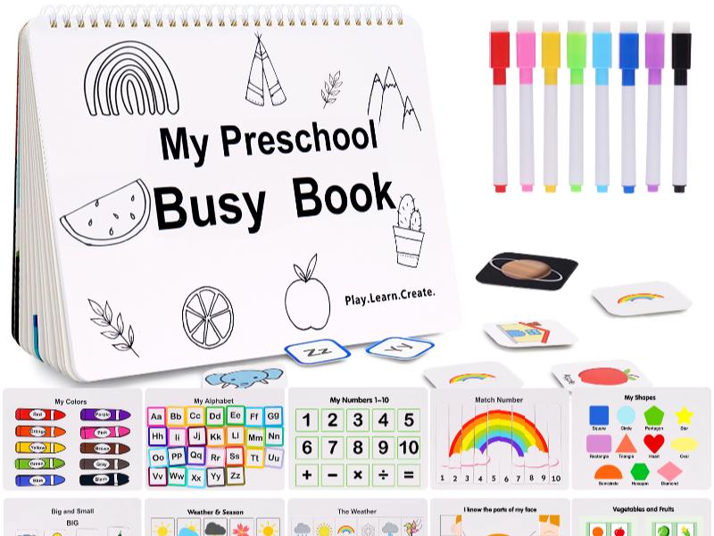 Mallify Busy Book for Toddlers 3-5, Montessori Busy Book with 30 Themes and 8 Markers, Kids Binder and Early Learning Toys, Preschool Busy Books for Toddlers, Tracing Coloring Book, BusyTots
