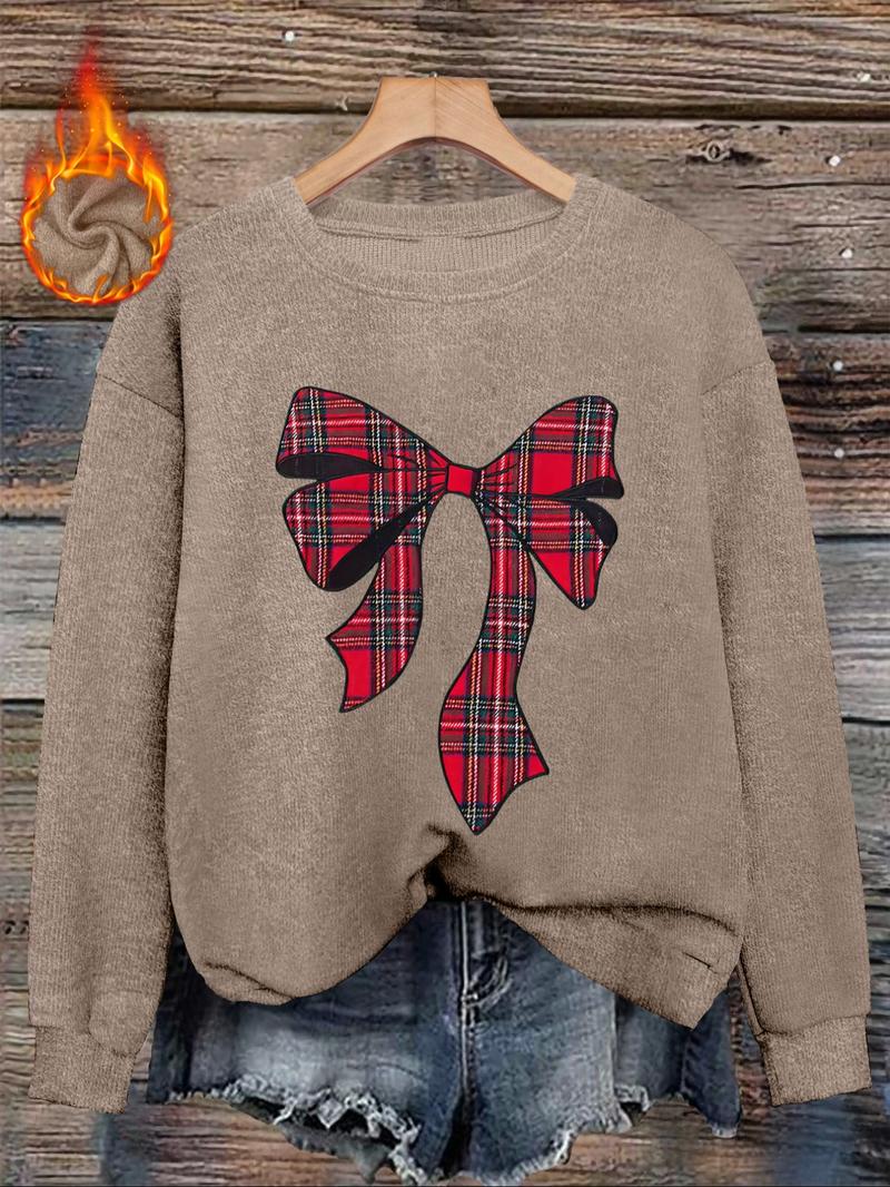 [Autumn and Winter] Red plaid bow print women's casual and fashionable round neck imitation wool top, pattern print comfortable round neck imitation wool top, suitable for autumn and winter season, a gift for mother