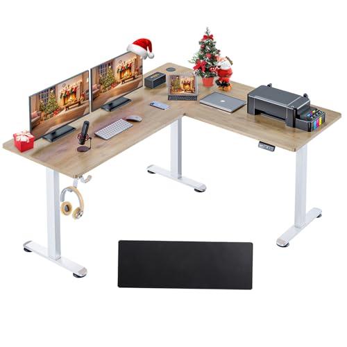 63"x55"x24" Electric L-shaped Standing Desk Computer Table with Mouse Pad Corner Sit-stand Desk for Home Office Gaming Room, 28"H-46"H Height Adjustable Spacious Desktop, 2 Pre-set Memory Height Headphone Hook Cable Management, Multiple Monitors