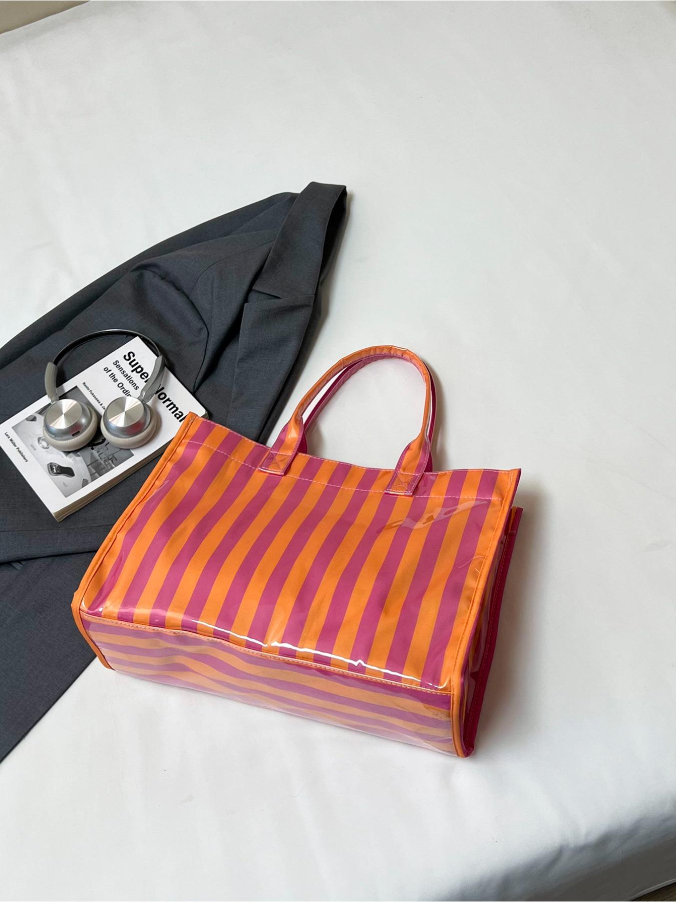 Fashion Multi Color Striped Women Tote Bag Minimalist Style PVC Shoulder Bag Daily Commute Shopping All Match Ladies Handbag For Work Daily Travel Shopping