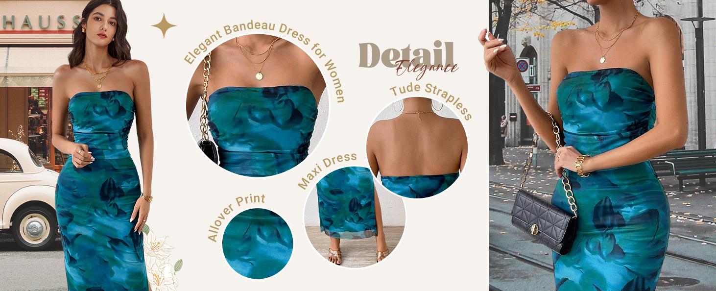 Spring Mesh Floral Strapless Bodycon Maxi Dress Ruched Tube Long Dresses with Slit