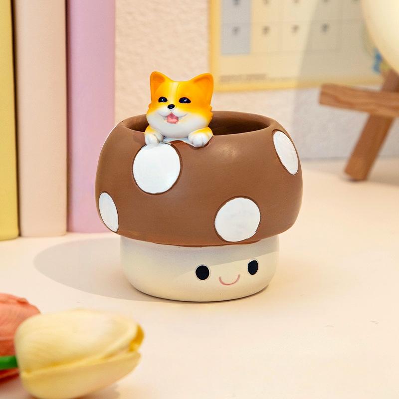 Cute Cartoon Mushroom Pen Holder, Student Desk Organizer, Multi-Functional Creative Storage Decor, Resin Succulent Plant Pot, Handmade Mini Planter, Cute Desk Accessories